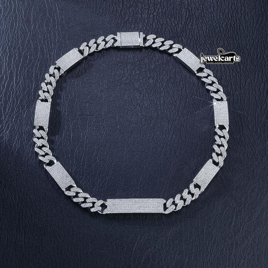 Round Moissanite Pavé Panel Cuban Link Necklace in 14K White Gold Front View