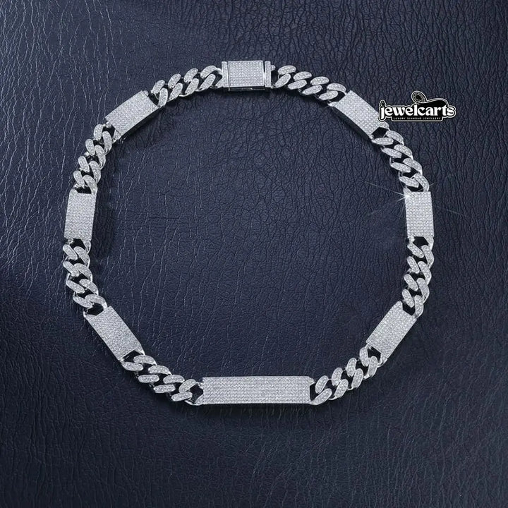 Round Moissanite Pavé Panel Cuban Link Necklace in 14K White Gold Front View
