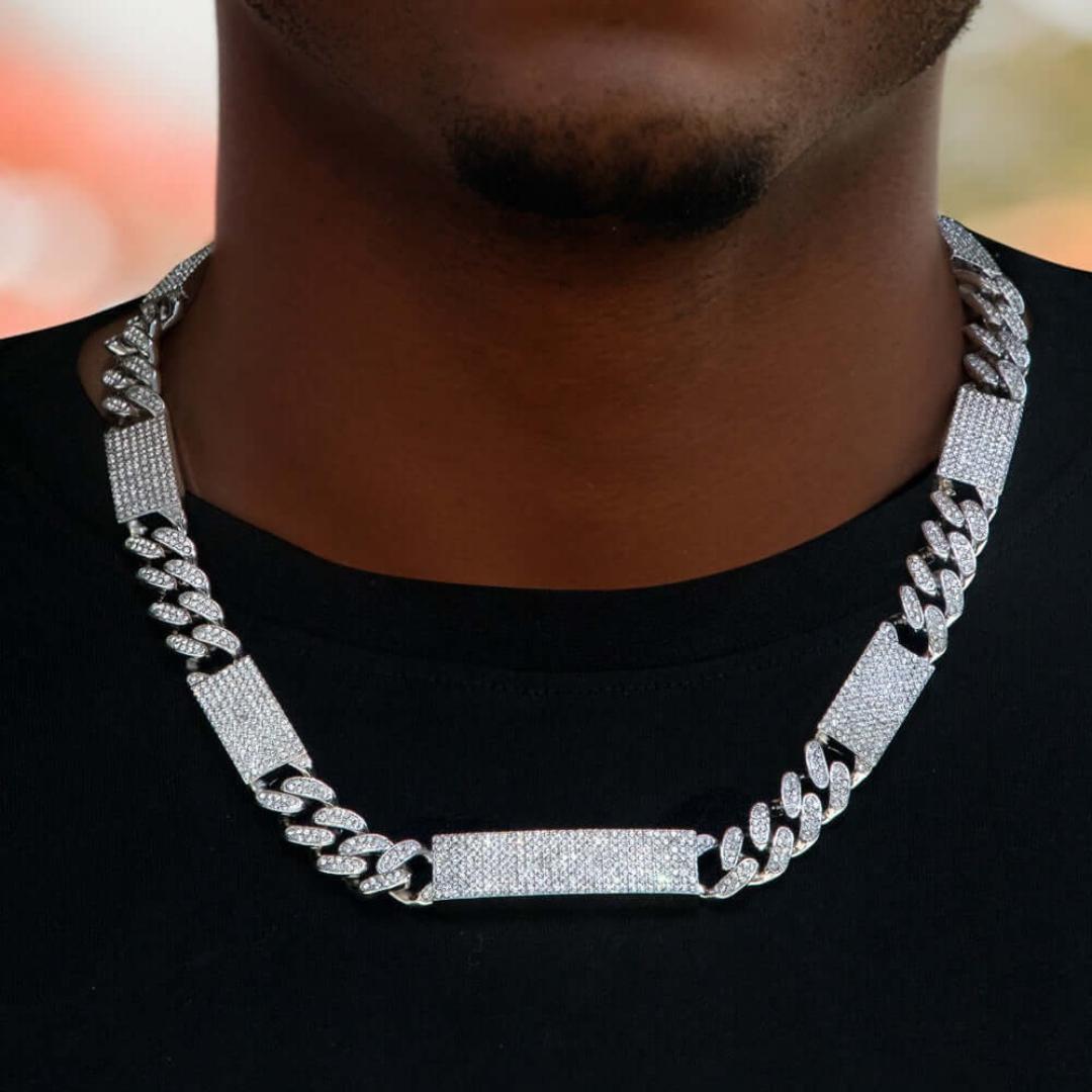 Round Moissanite Pavé Panel Cuban Link Necklace in 14K White Gold On Neck View 
