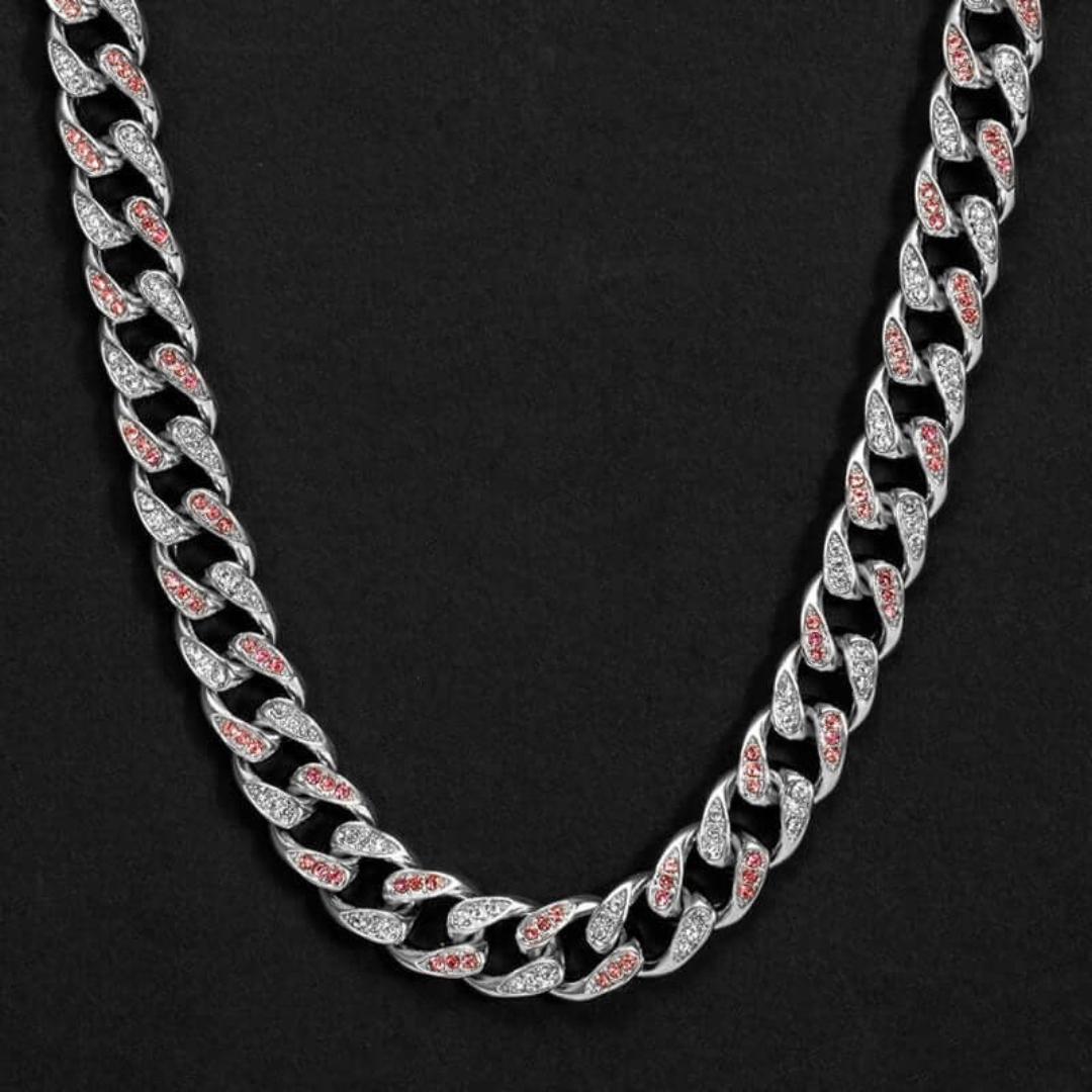 Round Moissanite Pink Accent Cuban Link Necklace in 14K White Gold Close Up Front View