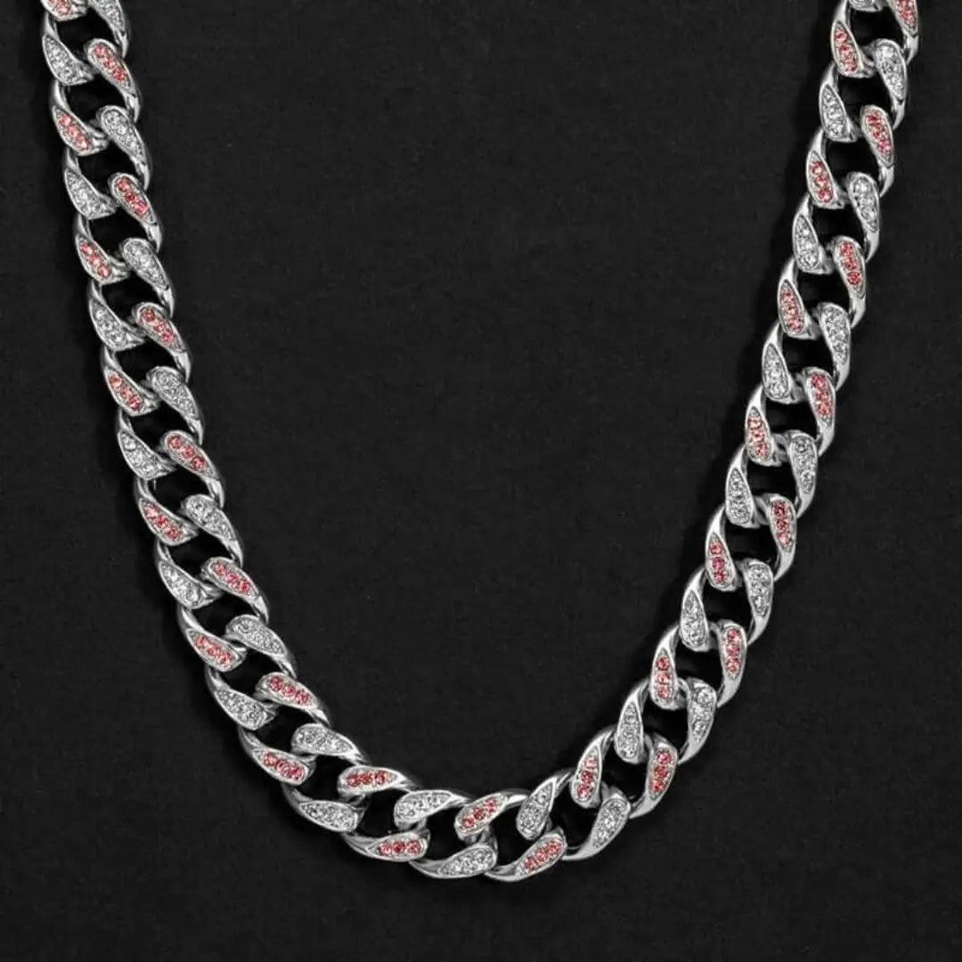 Round Moissanite Pink Accent Cuban Link Necklace in 14K White Gold Close Up Front View