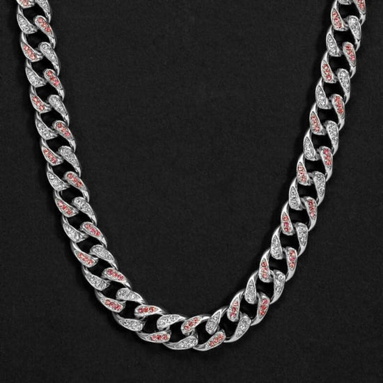 Round Moissanite Pink Accent Cuban Link Necklace in 14K White Gold Close Up Front View