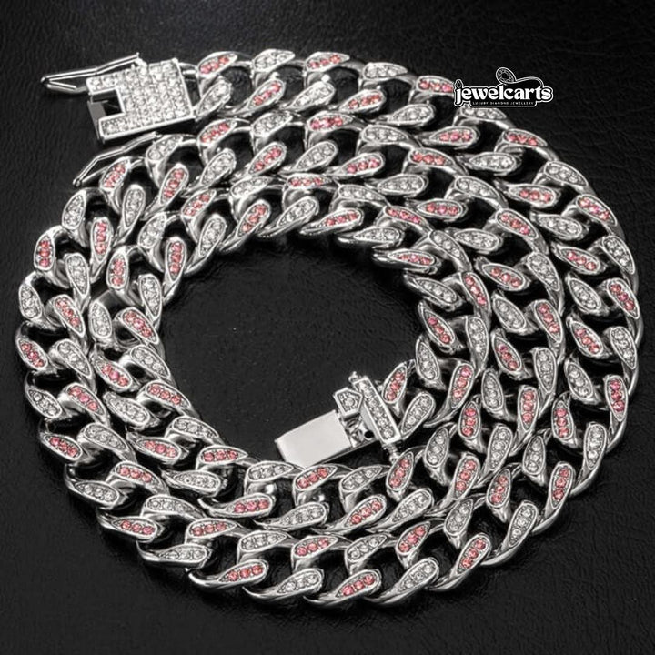 Round Moissanite Pink Accent Cuban Link Necklace in 14K White Gold Front View