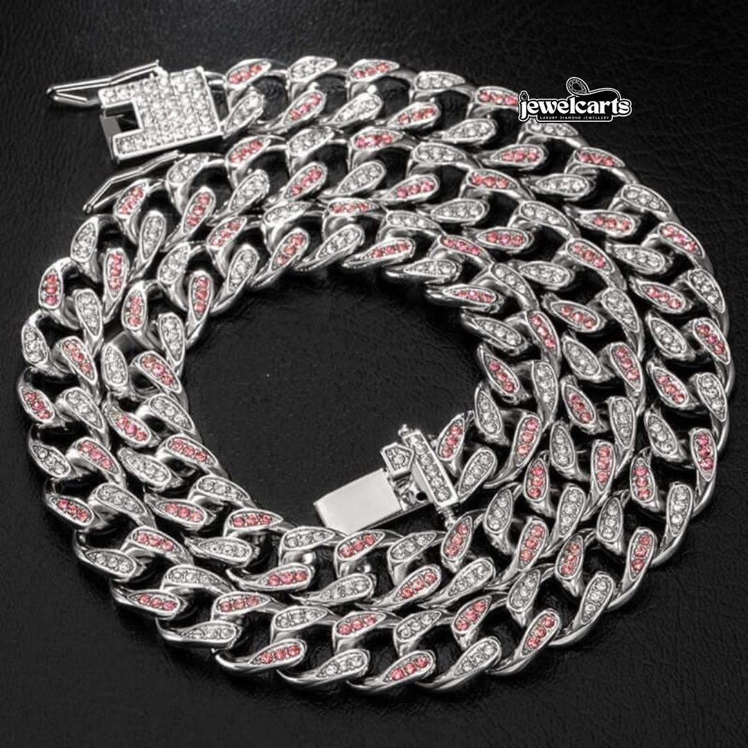 Round Moissanite Pink Accent Cuban Link Necklace in 14K White Gold Front View