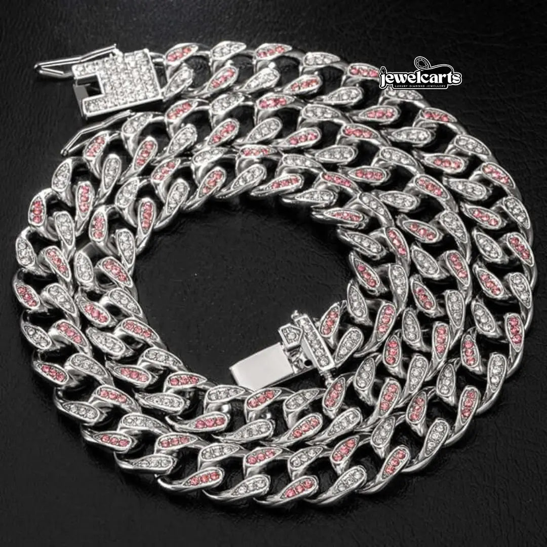 Round Moissanite Pink Accent Cuban Link Necklace in 14K White Gold Front View