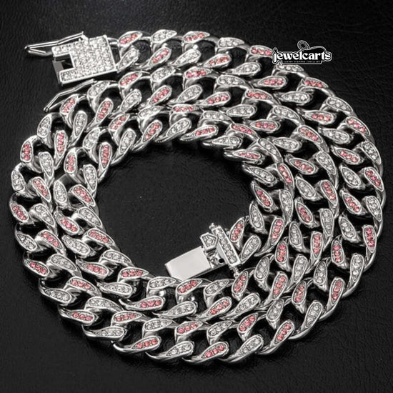 Round Moissanite Pink Accent Cuban Link Necklace in 14K White Gold Front View
