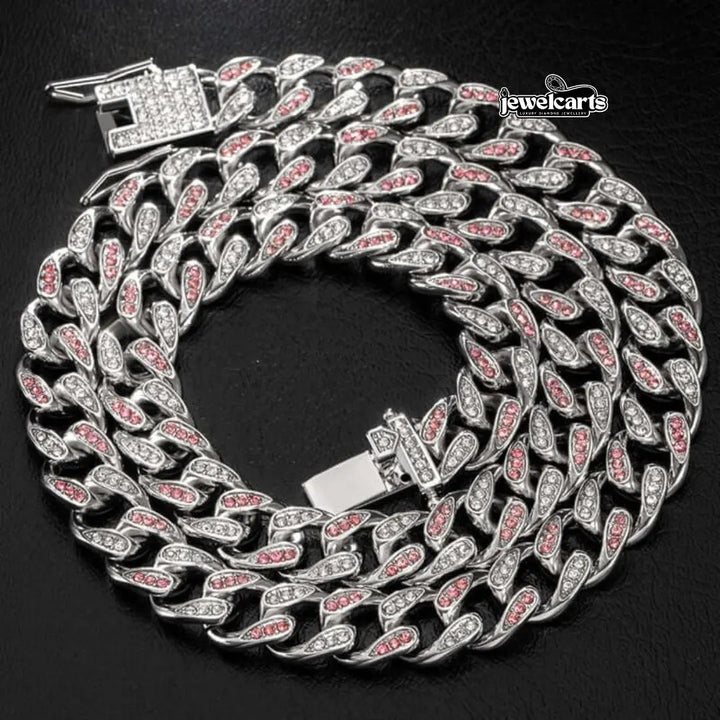 Round Moissanite Pink Accent Cuban Link Necklace in 14K White Gold Front View