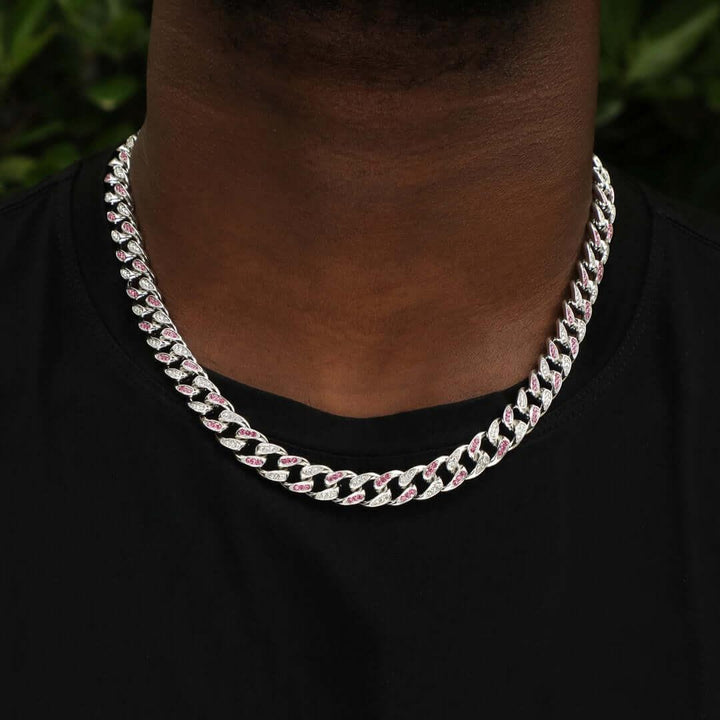 Round Moissanite Pink Accent Cuban Link Necklace in 14K White Gold On Neck View 
