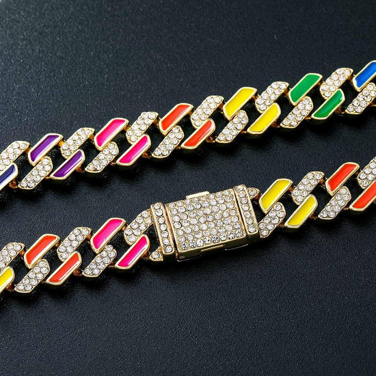 Round Moissanite Rainbow Accent Cuban Link Necklace in 14K Yellow Gold Clasp View