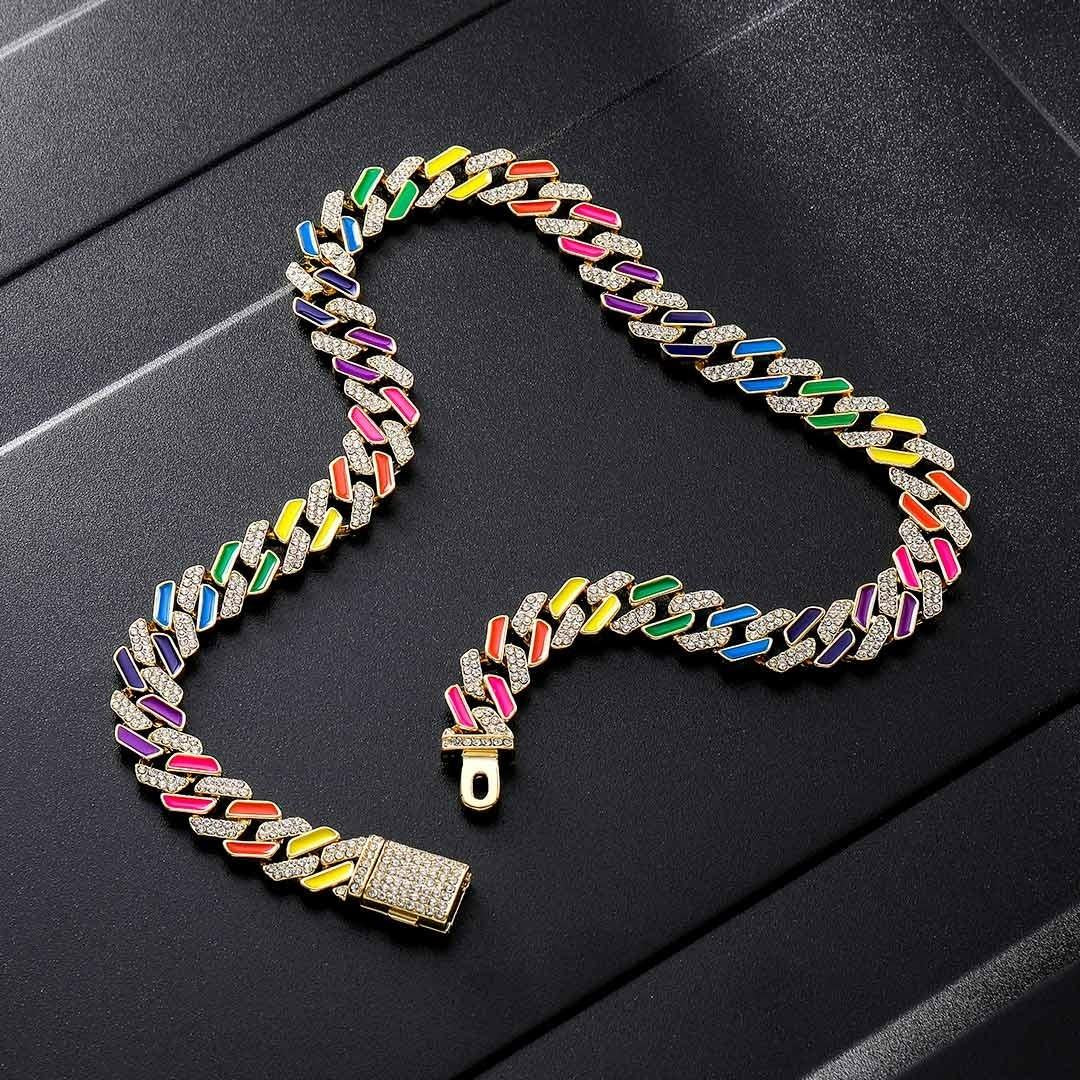 Round Moissanite Rainbow Accent Cuban Link Necklace in 14K Yellow Gold Detailed Close Up View