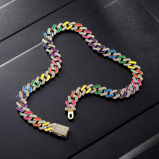Round Moissanite Rainbow Accent Cuban Link Necklace in 14K Yellow Gold Detailed Close Up View