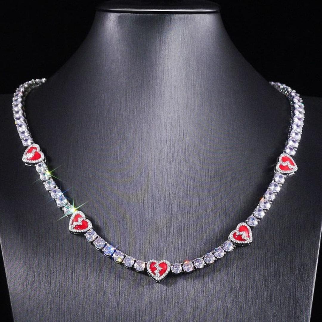 Round Moissanite Red Heart Accent Tennis Necklace in 14K White Gold Close Up Neck View 