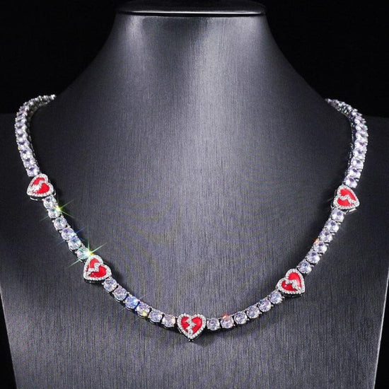 Round Moissanite Red Heart Accent Tennis Necklace in 14K White Gold Close Up Neck View 