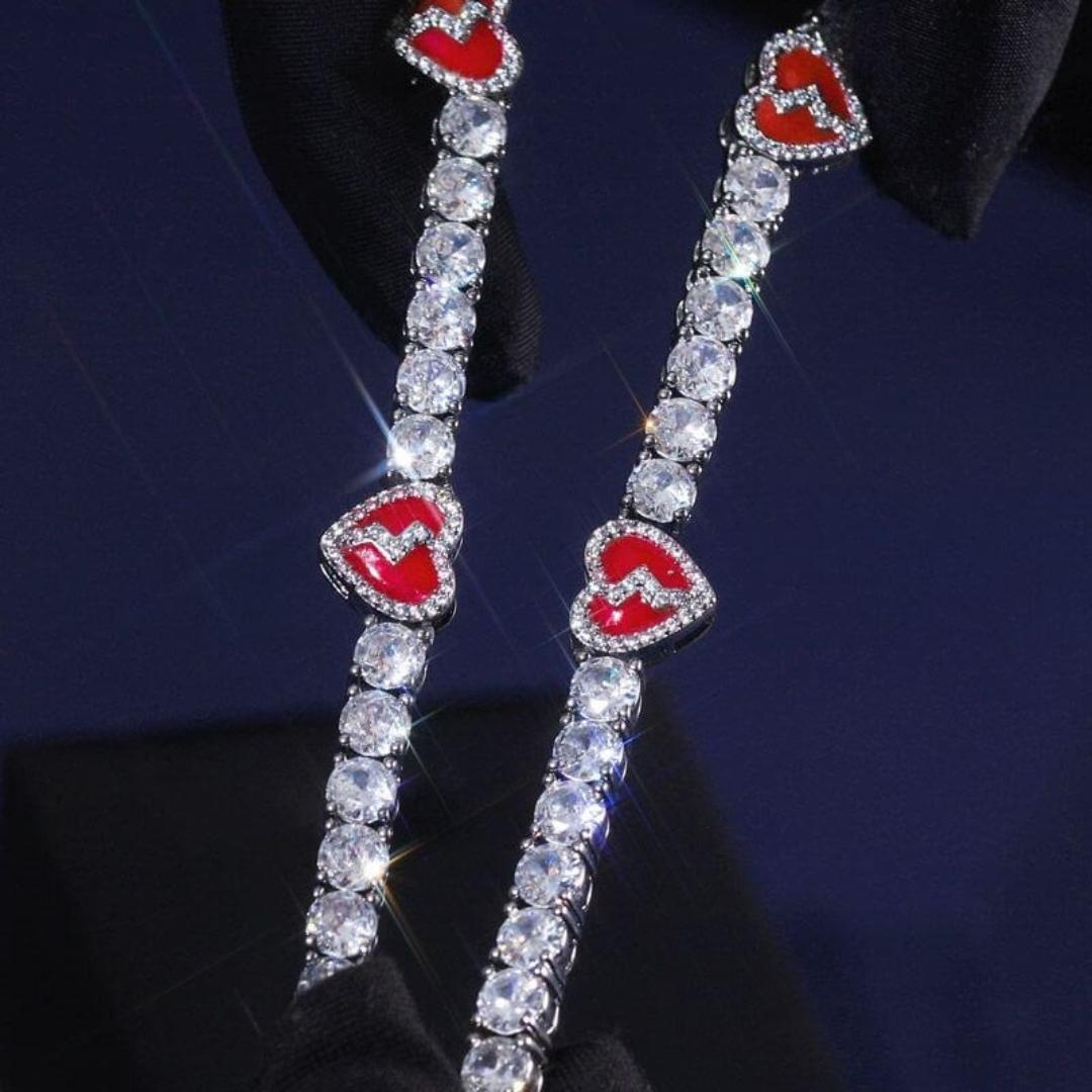 Round Moissanite Red Heart Accent Tennis Necklace in 14K White Gold Detailed Link View