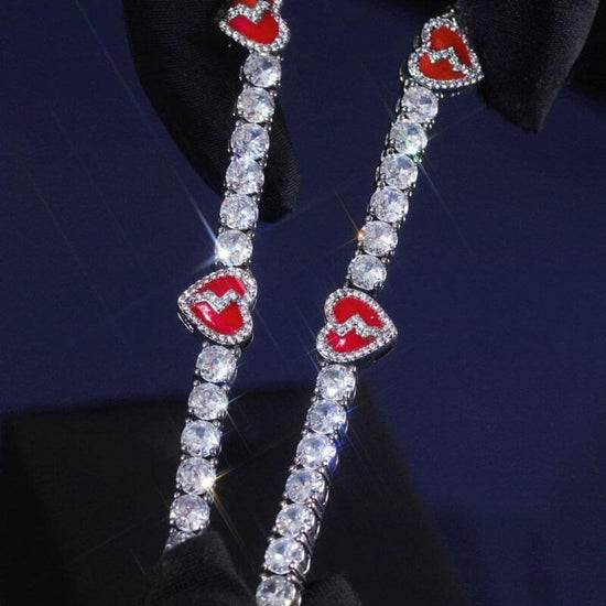 Round Moissanite Red Heart Accent Tennis Necklace in 14K White Gold Detailed Link View