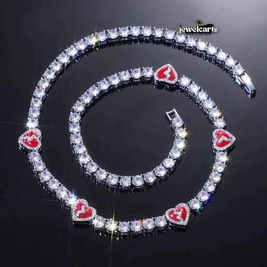 Round Moissanite Red Heart Accent Tennis Necklace in 14K White Gold Front View