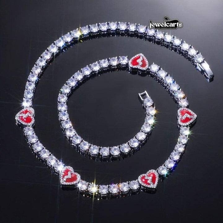 Round Moissanite Red Heart Accent Tennis Necklace in 14K White Gold Front View