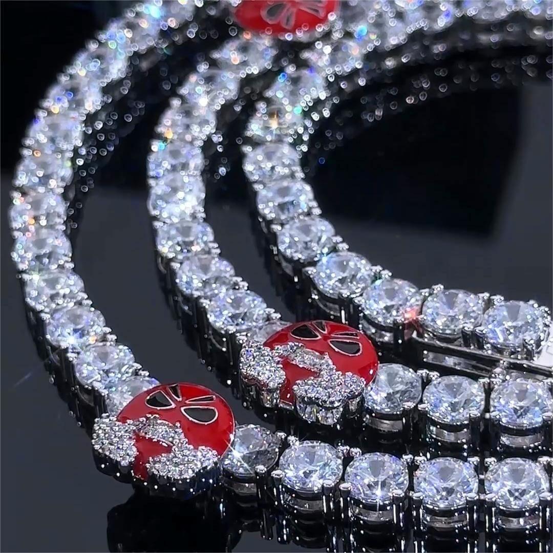 Round Moissanite Red Mask Accent Tennis Necklace in 14K White Gold Close Up Front View