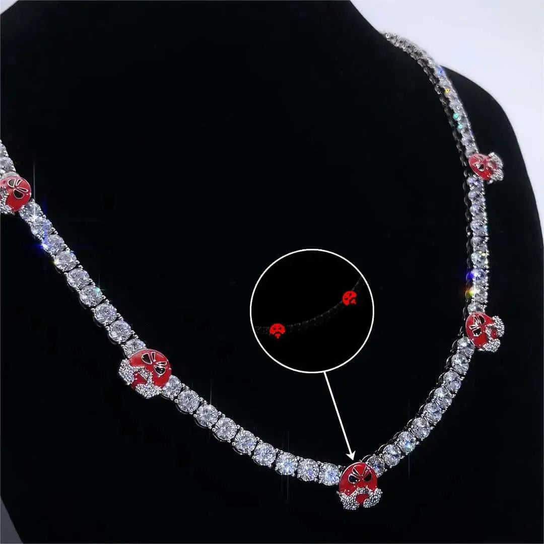 Round Moissanite Red Mask Accent Tennis Necklace in 14K White Gold Detailed Link View