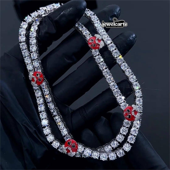Round Moissanite Red Mask Accent Tennis Necklace in 14K White Gold Front View