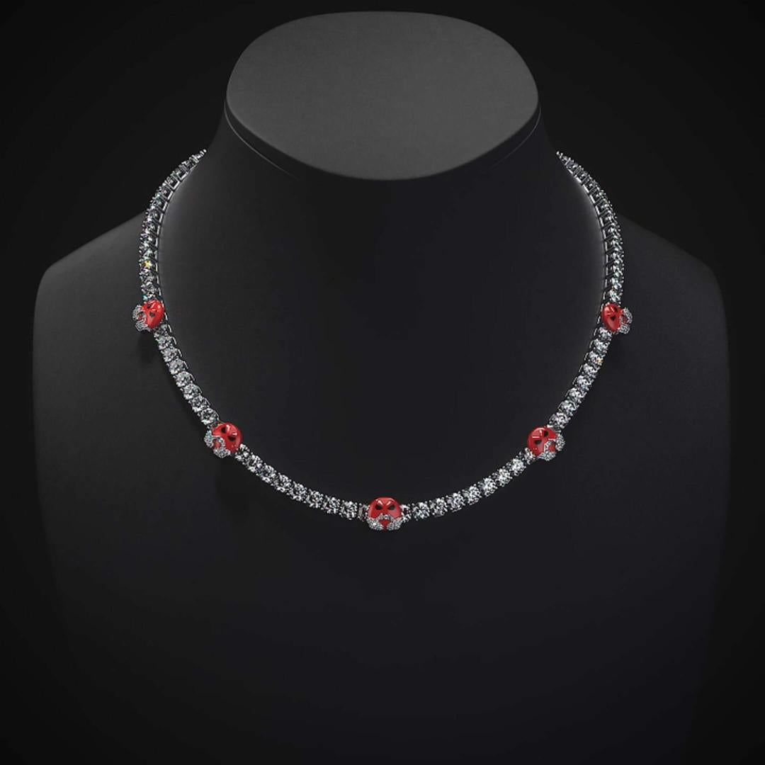 Round Moissanite Red Mask Accent Tennis Necklace in 14K White Gold On Neck View 