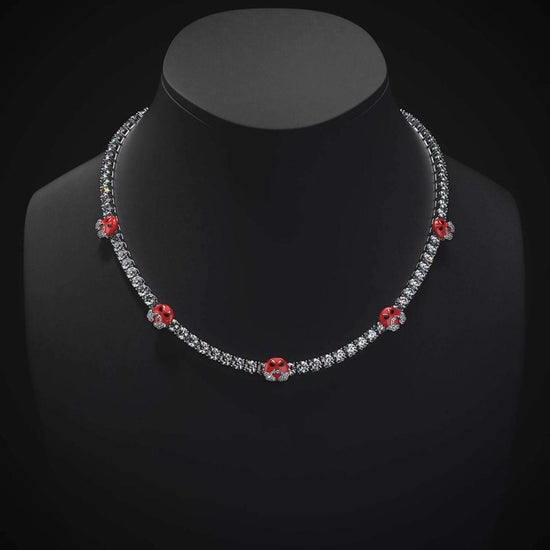 Round Moissanite Red Mask Accent Tennis Necklace in 14K White Gold On Neck View 