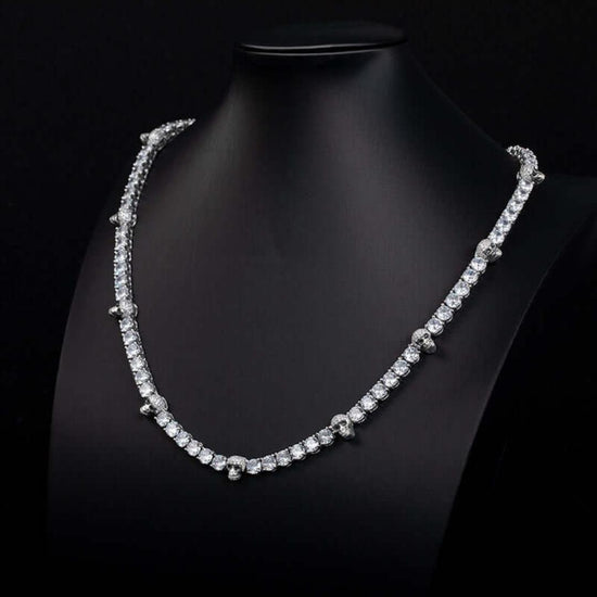 Round Moissanite Skull Accent Tennis Necklace in 14K White Gold Close Up Neck View 