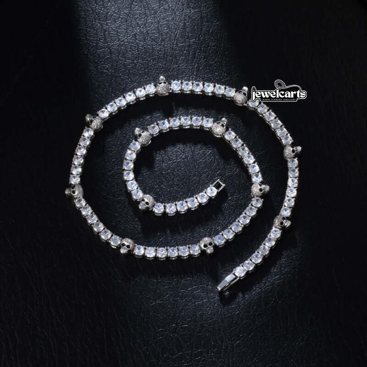 Round Moissanite Skull Accent Tennis Necklace in 14K White Gold Front View