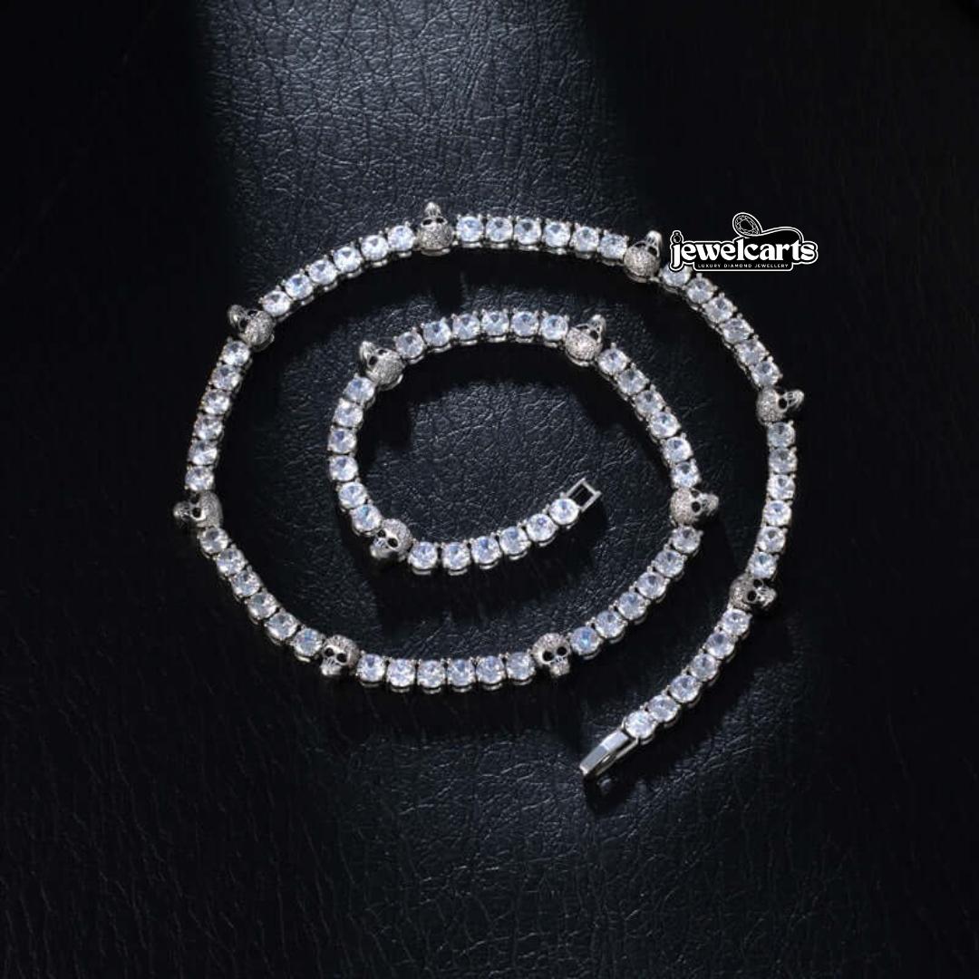 Round Moissanite Skull Accent Tennis Necklace in 14K White Gold Front View