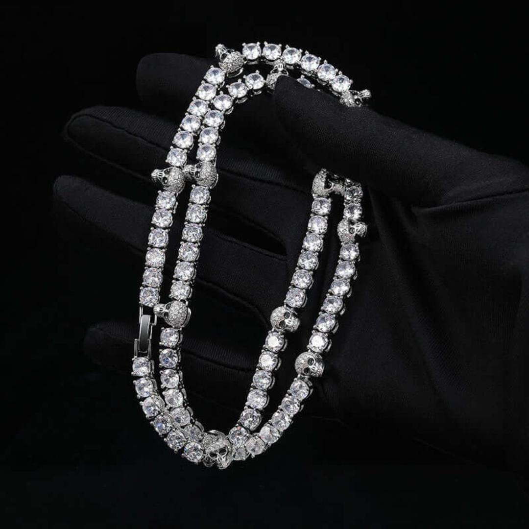 Round Moissanite Skull Accent Tennis Necklace in 14K White Gold On Hand View