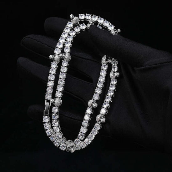 Round Moissanite Skull Accent Tennis Necklace in 14K White Gold On Hand View