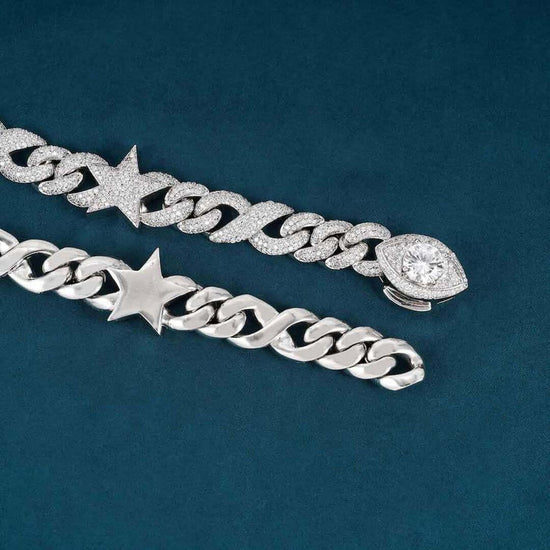 Round Moissanite Star Accent Cuban Link Necklace in 14K White Gold Clasp View