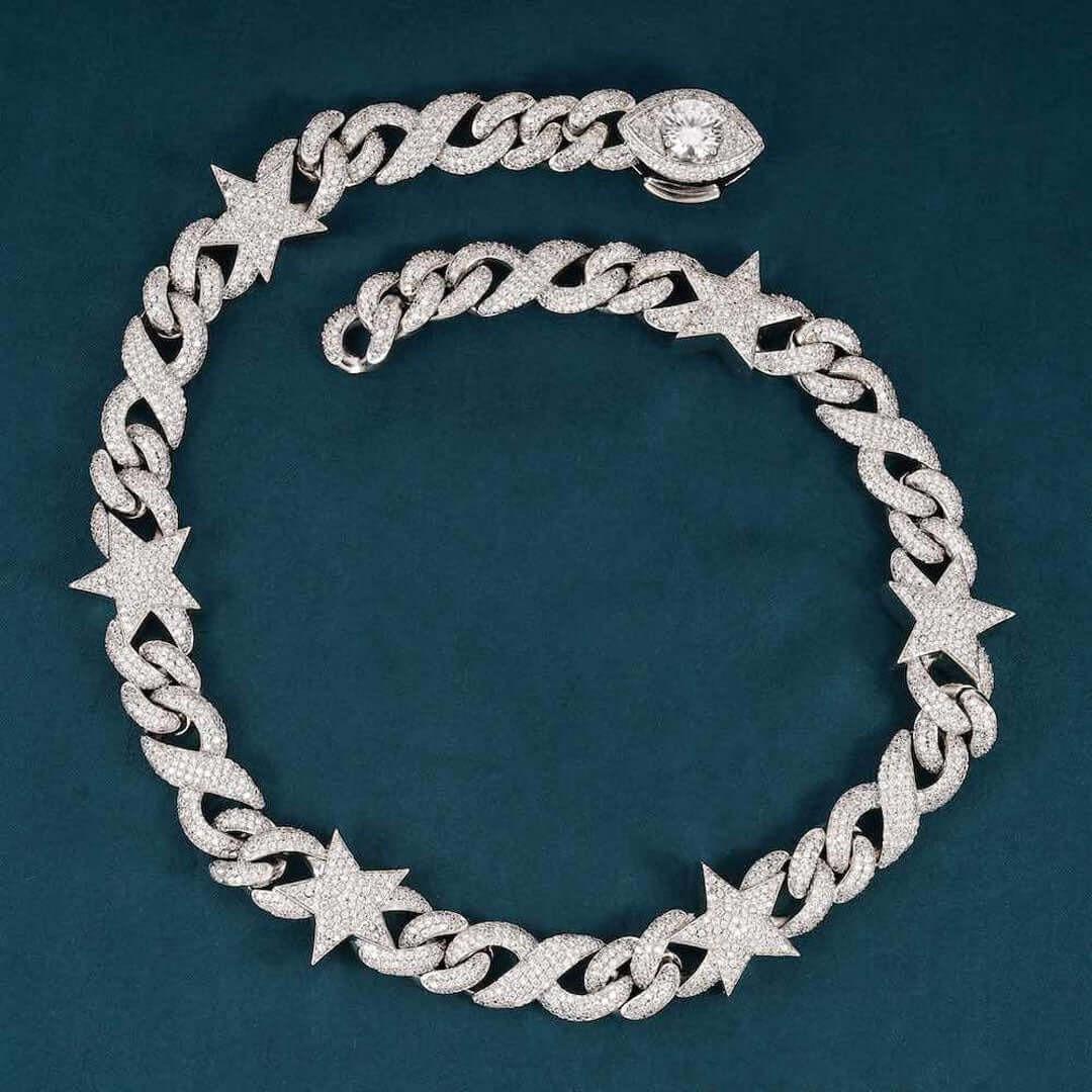 Round Moissanite Star Accent Cuban Link Necklace in 14K White Gold Close Up Front View
