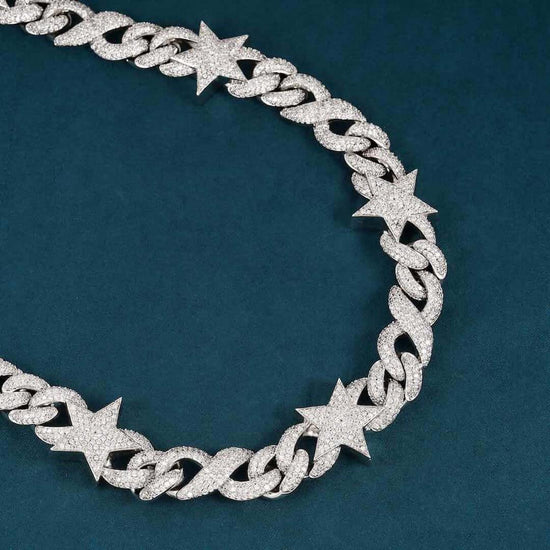 Round Moissanite Star Accent Cuban Link Necklace in 14K White Gold Detailed Close Up View