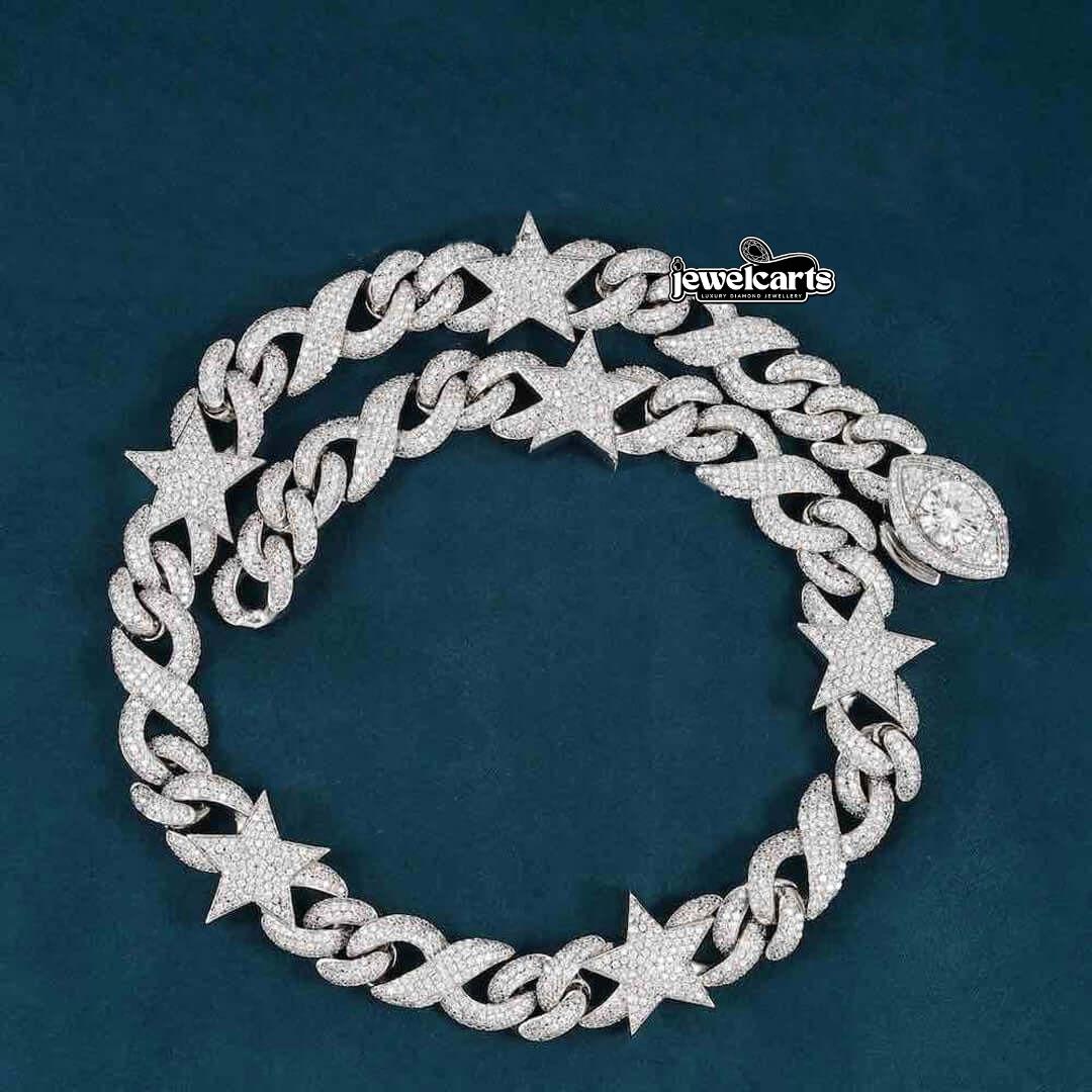 Round Moissanite Star Accent Cuban Link Necklace in 14K White Gold Front View