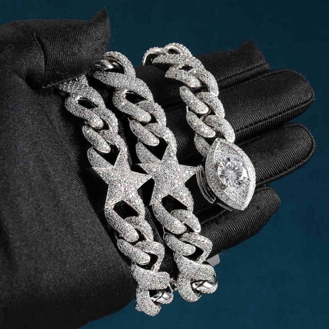 Round Moissanite Star Accent Cuban Link Necklace in 14K White Gold On Hand View