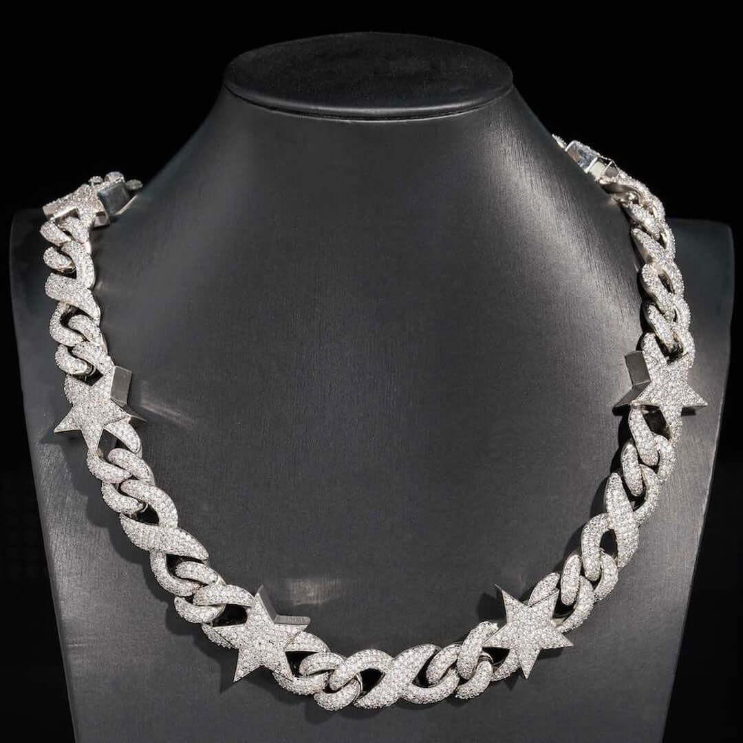 Round Moissanite Star Accent Cuban Link Necklace in 14K White Gold On Neck View 