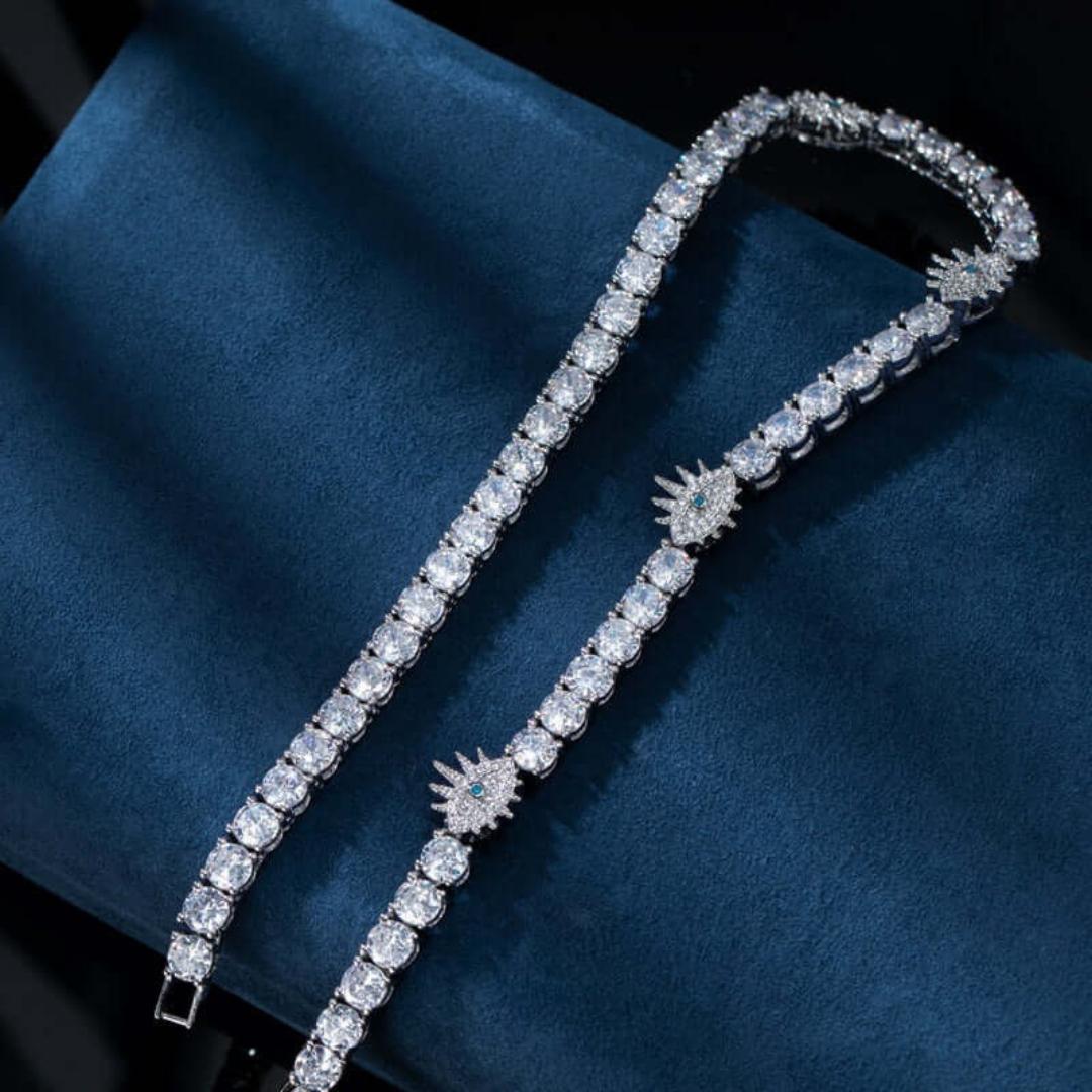 Round Moissanite Starburst Accent Tennis Necklace in 14K White Gold Detailed Close Up View