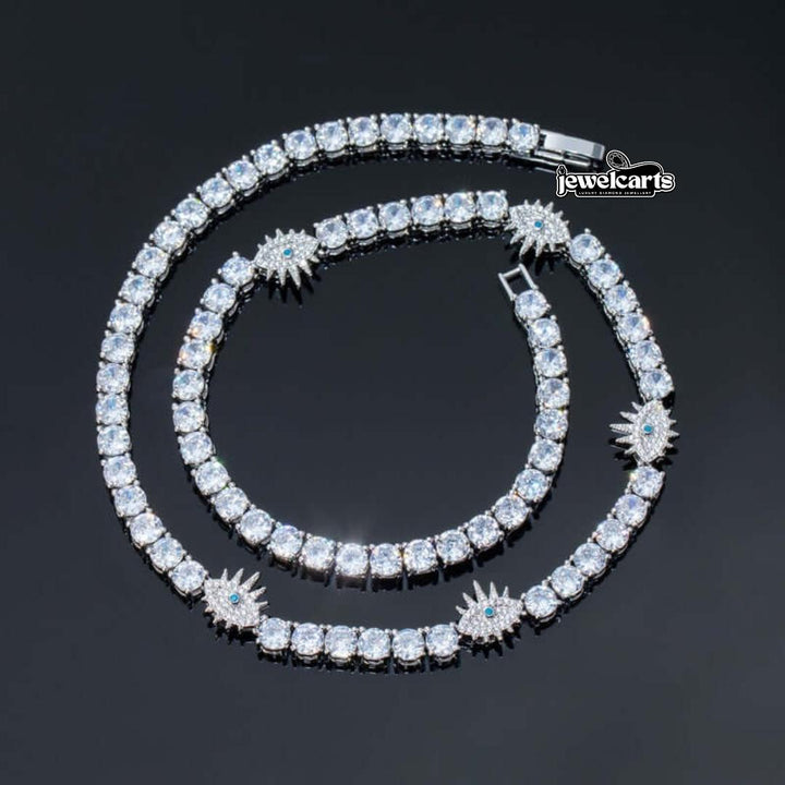 Round Moissanite Starburst Accent Tennis Necklace in 14K White Gold Front View