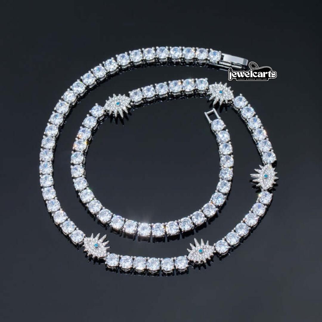 Round Moissanite Starburst Accent Tennis Necklace in 14K White Gold Front View