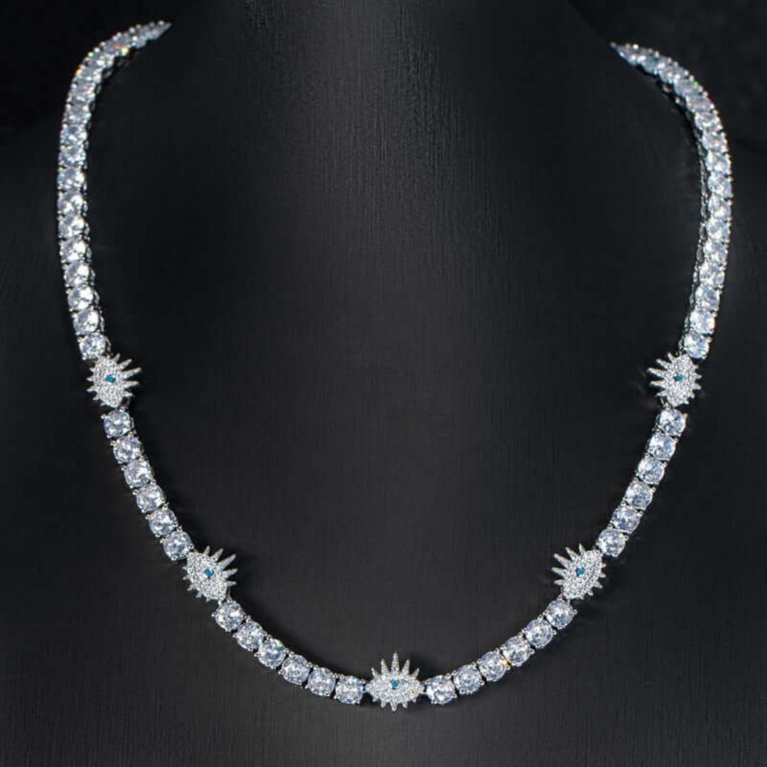 Round Moissanite Starburst Accent Tennis Necklace in 14K White Gold On Neck View 