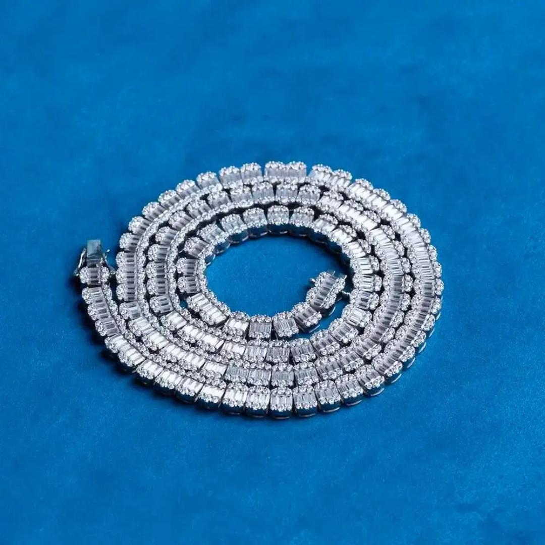 Round and Baguette Moissanite Tennis Necklace in 14K White Gold Close Up Front View