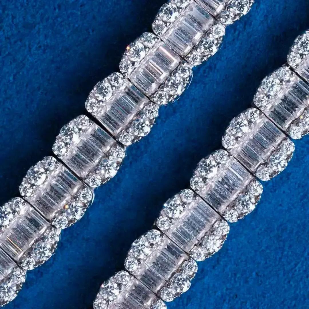 Round and Baguette Moissanite Tennis Necklace in 14K White Gold Detailed Diamond View