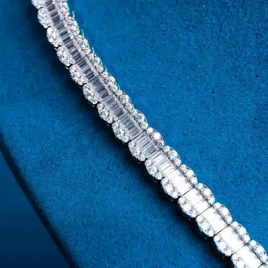 Round and Baguette Moissanite Tennis Necklace in 14K White Gold Detailed Link View