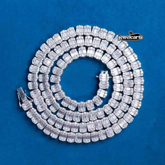 Round and Baguette Moissanite Tennis Necklace in 14K White Gold Front View