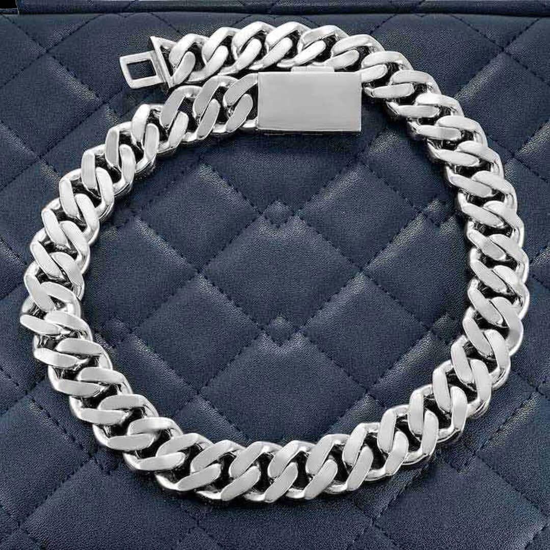 Round and Cushion Moissanite Cuban Link Necklace in 14K White Gold Back Side View