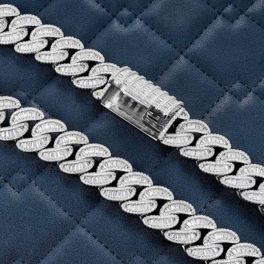 Round and Cushion Moissanite Cuban Link Necklace in 14K White Gold Clasp View