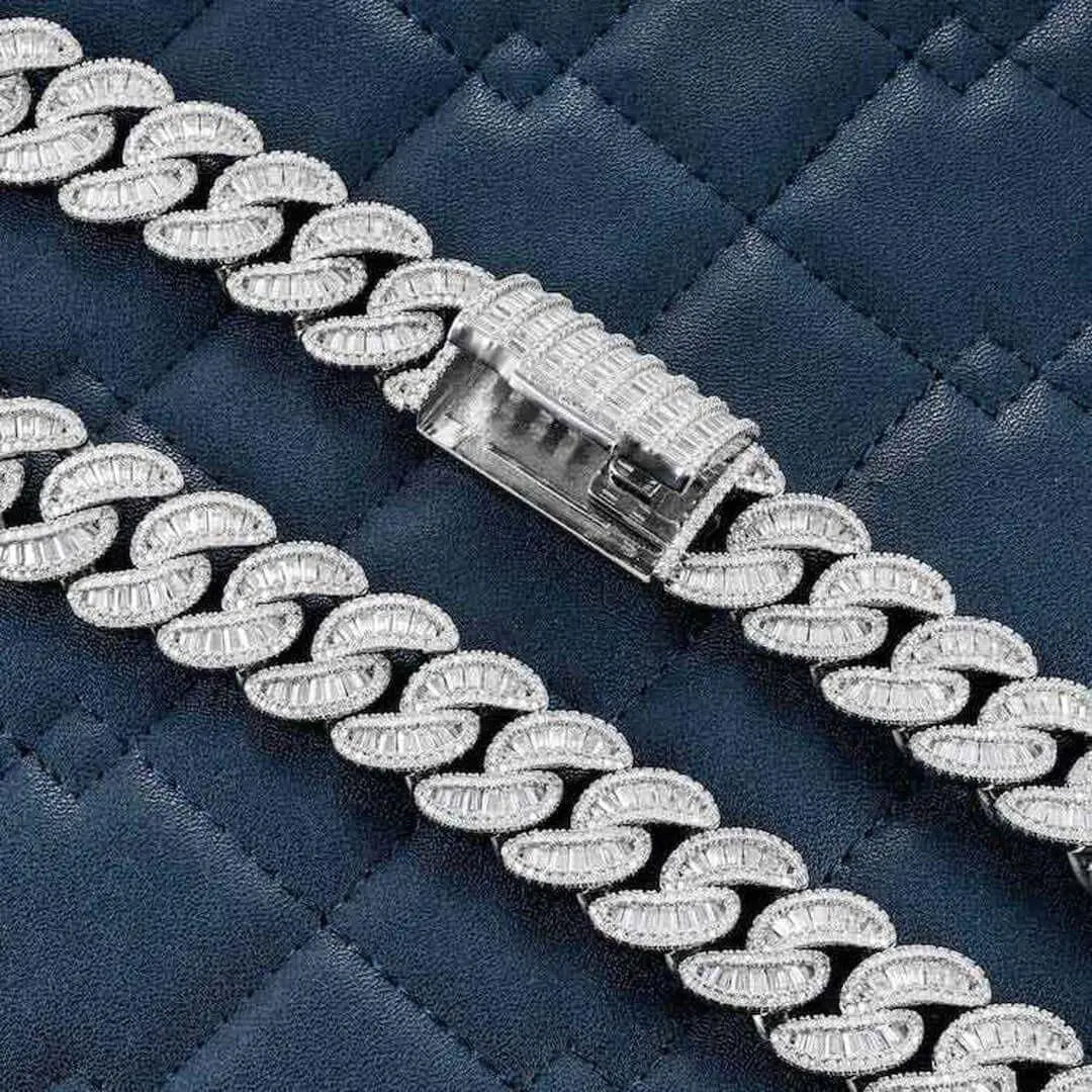 Round and Cushion Moissanite Cuban Link Necklace in 14K White Gold Clasp View