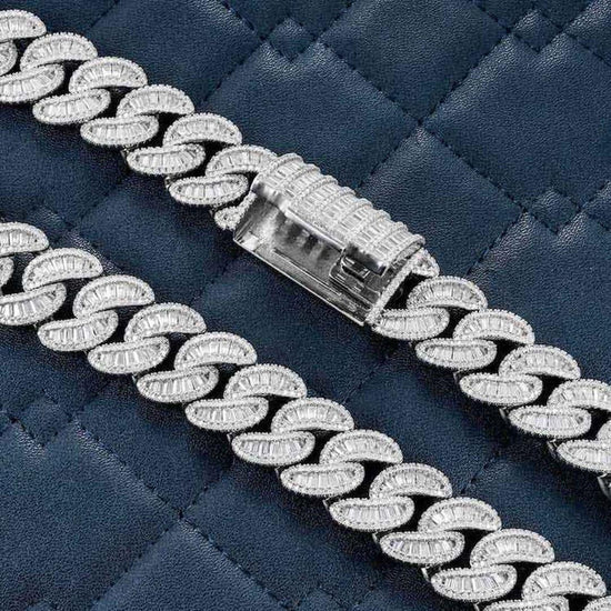 Round and Cushion Moissanite Cuban Link Necklace in 14K White Gold Clasp View