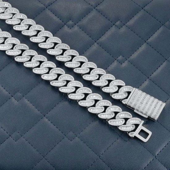 Round and Cushion Moissanite Cuban Link Necklace in 14K White Gold Close Up Clasp View